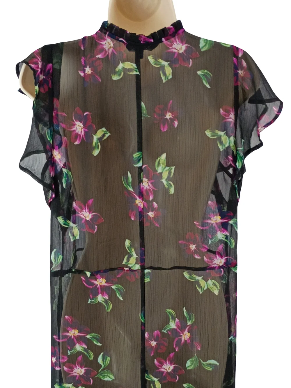 Express Black Sheer Floral Button Down Midi Dress with Pink and Green Print - Picture 5 of 7